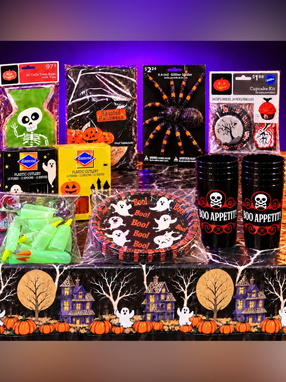 Vintage Halloween Party Supply Bundle | 10 Reusable Cups, 10 Plates & Tablecloth